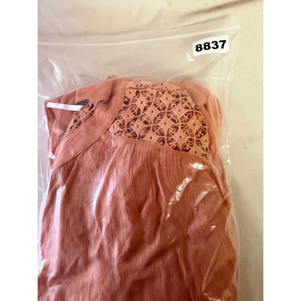 Free People Lace Inset Blouse Women Large Orange Long Sleeve Button Down Boho - Picture 11 of 12